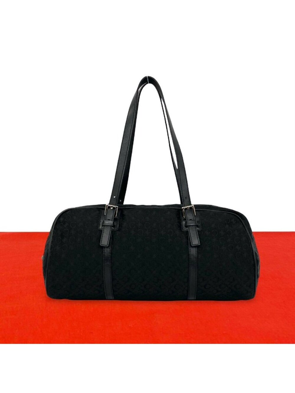 Celine C Macadam Blason Triomphe Pattern Canvas Leather Handbag Drum Bag Black